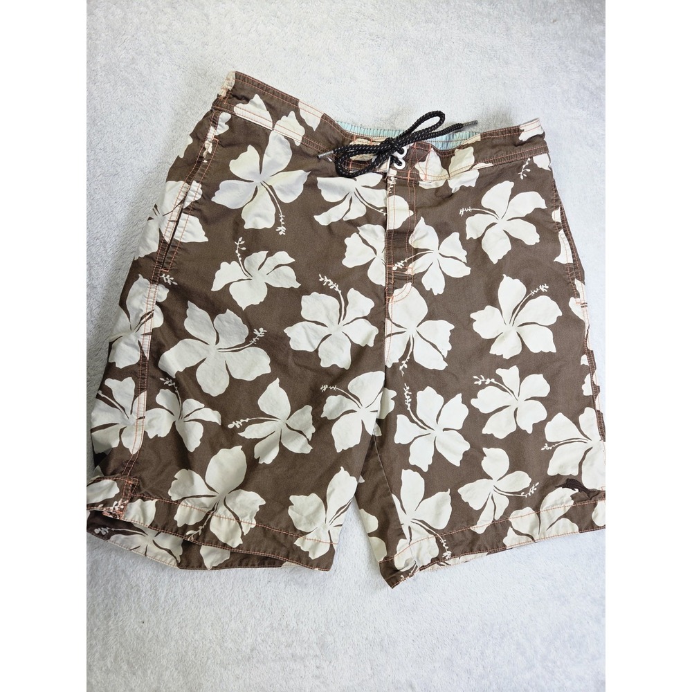 Tommy Bahama Swim Trunk Medium Brown Gray Floral Elastic Waist Board Short Lined
